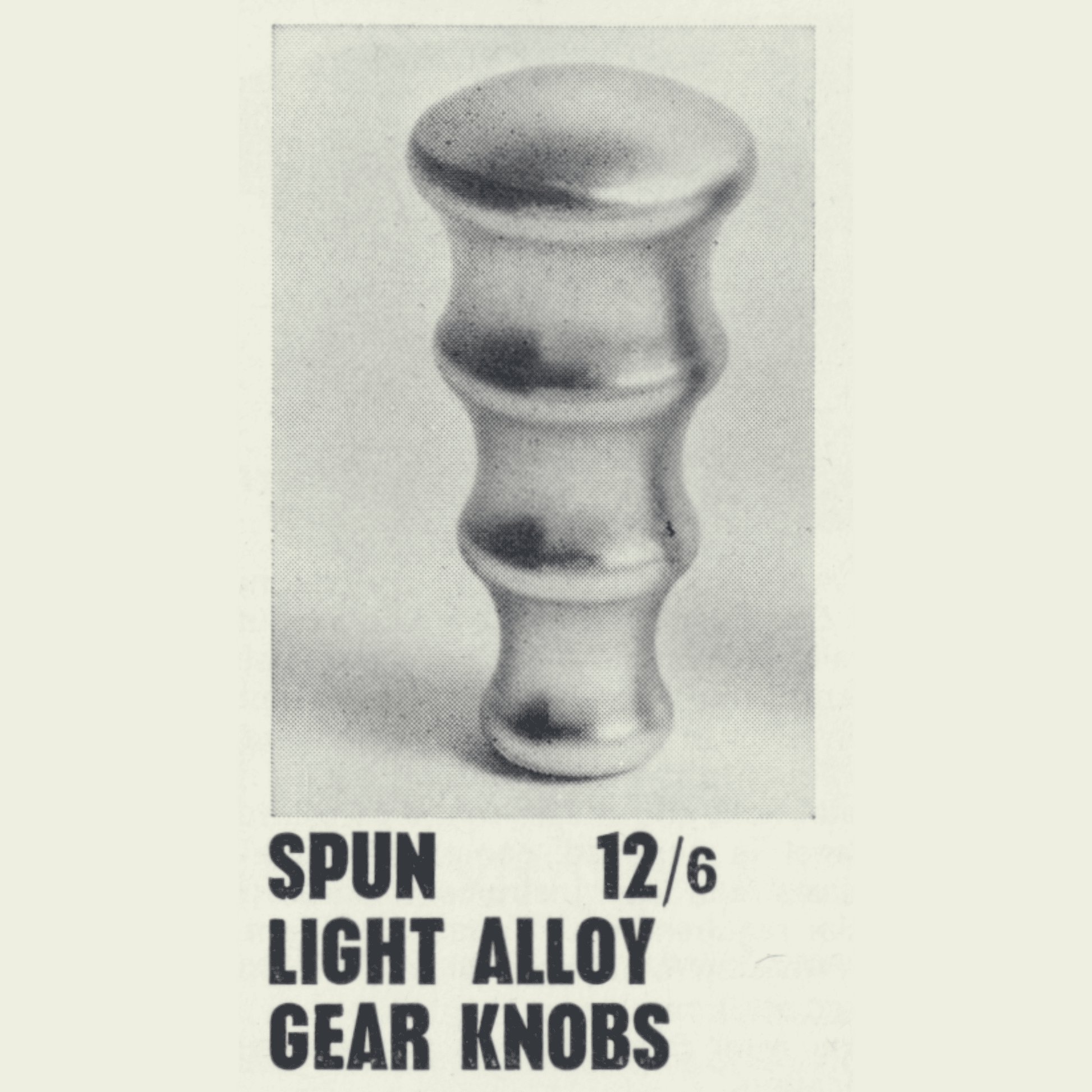 Original Les Leston catalogue illustration showing the original aluminium gear knob that inspired the handcrafted Les Leston Fingertip wooden gear knob continuation design