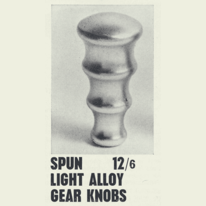 Original Les Leston catalogue illustration showing the original aluminium gear knob that inspired the handcrafted Les Leston Fingertip wooden gear knob continuation design