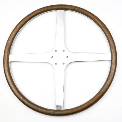 Front view of Rene 4 Spoke mahogany wooden steering wheel inspired by the original Rene Thomas design from the 1920s with aged finish and period correct styling