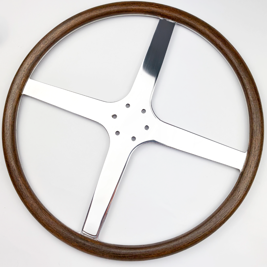 Front view of Rene 4 Spoke mahogany wooden steering wheel inspired by the original Rene Thomas design with period correct four spoke styling for vintage and pre war motor cars
