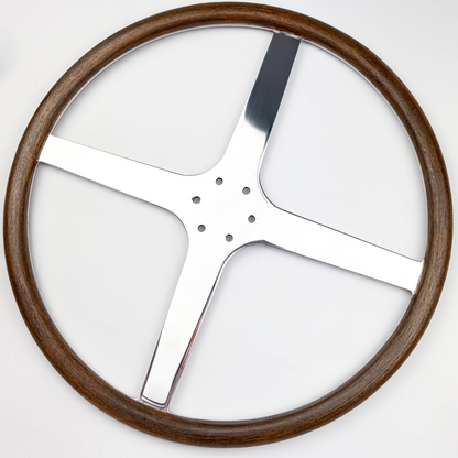 Front view of Rene 4 Spoke mahogany wooden steering wheel inspired by the original Rene Thomas design with period correct four spoke styling for vintage and pre war motor cars