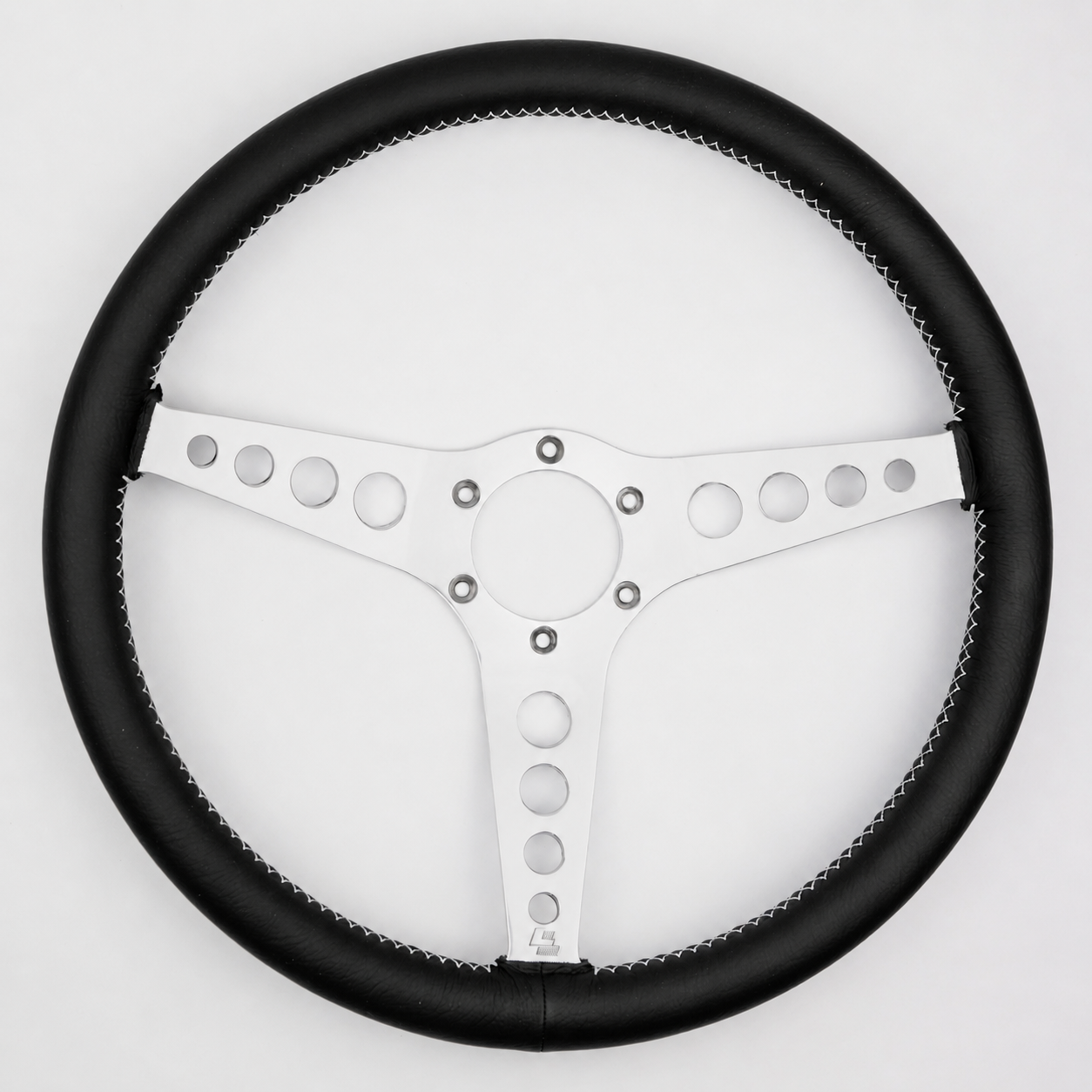 Les Leston 14-inch dished black leather steering wheel with polished aluminium spokes