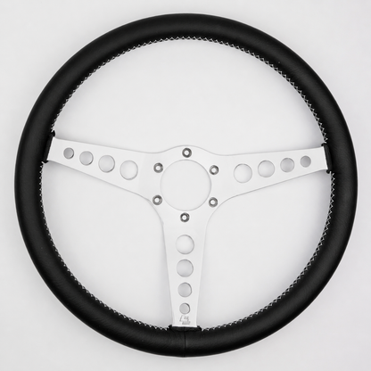 Les Leston 14-inch dished black leather steering wheel with polished aluminium spokes