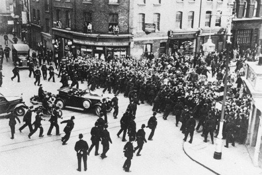 Historic image of the Battle of Cable Street in 1936 with Les Leston associated with the era in early life biography context