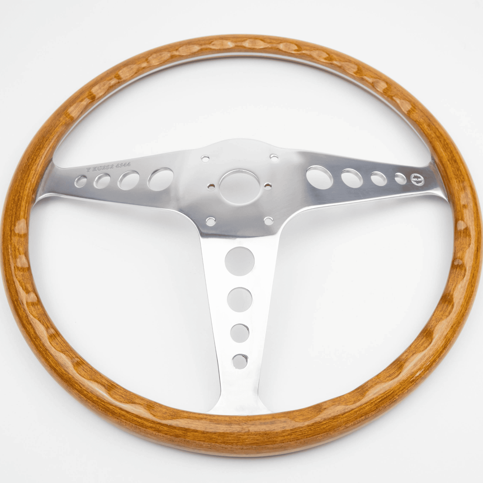 Rear view of Les Leston Grand Prix 13-inch steering wheel showing spoke construction and mounting points