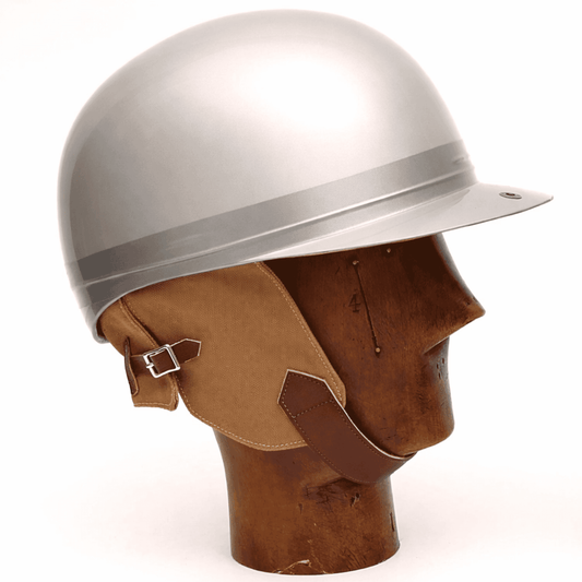 Les Leston Grand Prix Temple Protection helmet showing classic motorsport design with enhanced safety protection system