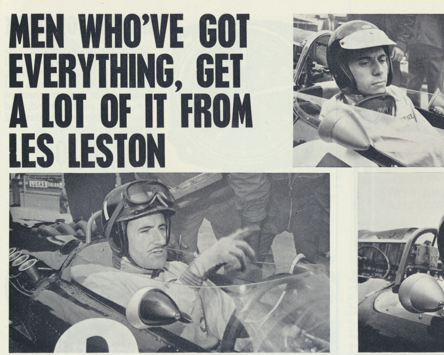 Historic Les Leston catalogue advertising image with slogan promoting motorsport accessories and classic racing products