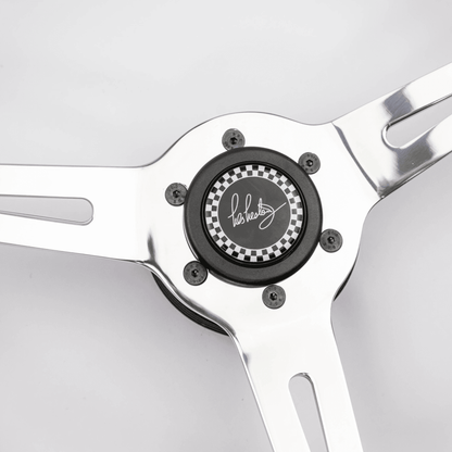 Les Leston horn button fitted to Monte Carlo steering wheel showing centre horn detail