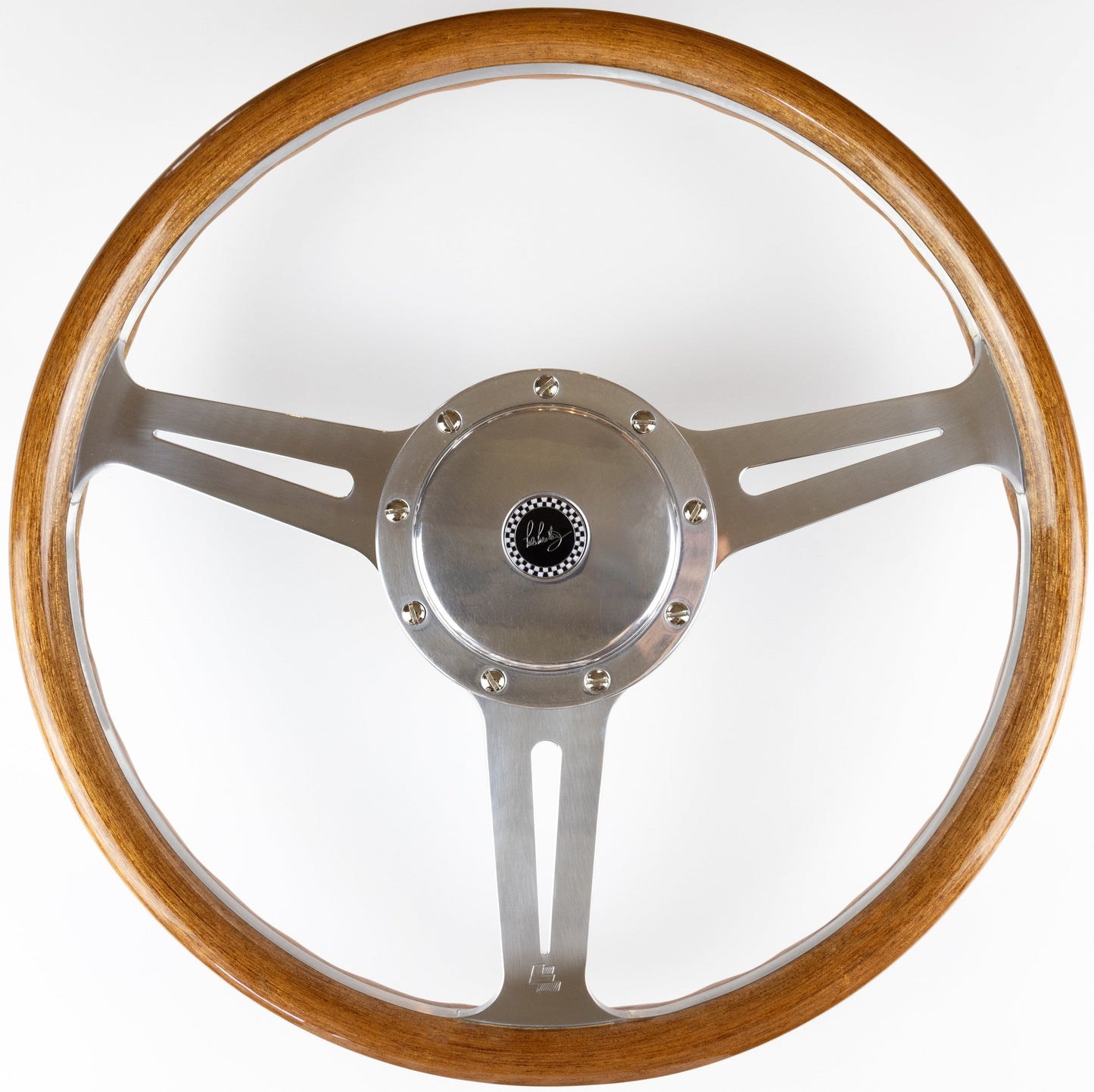 Front view of Les Leston Monte Carlo 14-inch flat steering wheel showing compact rim and spoke layout