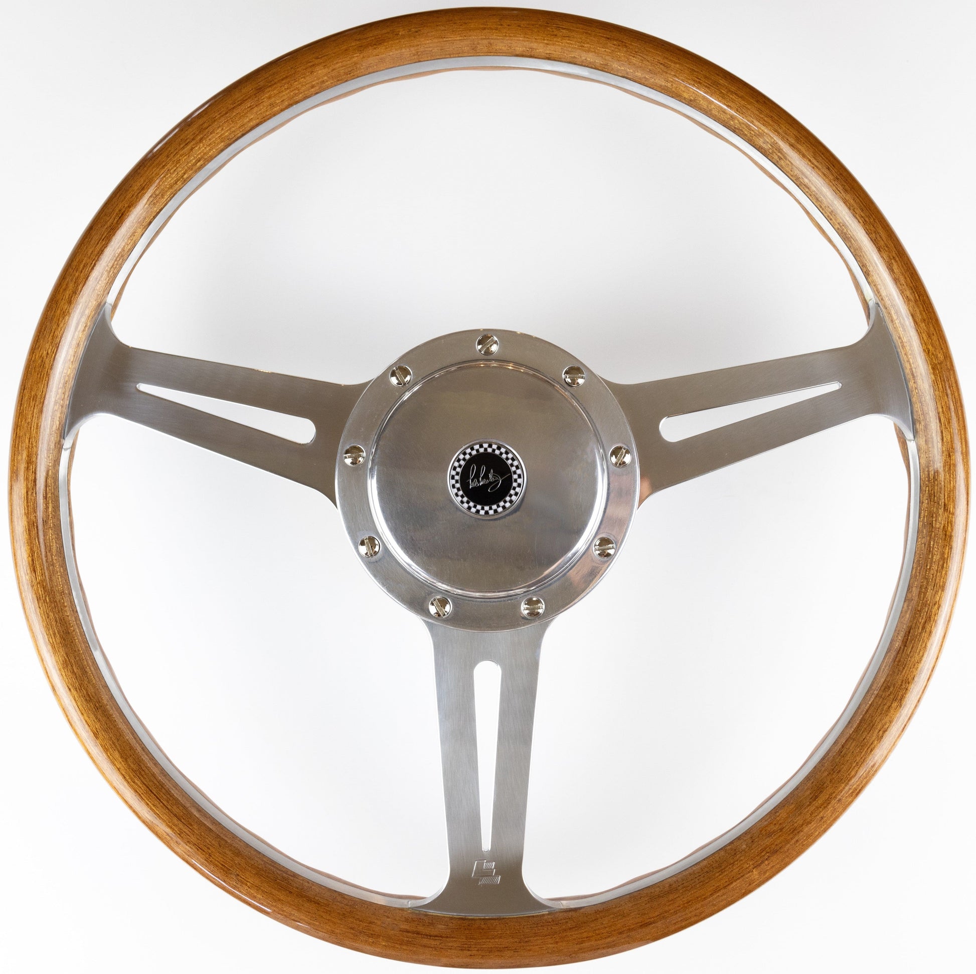 Front view of Les Leston Monte Carlo 14-inch flat steering wheel showing compact rim and spoke layout
