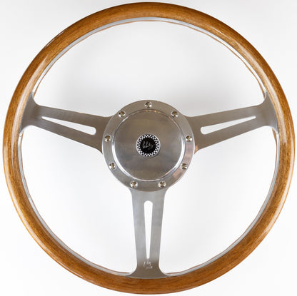 Front view of Les Leston Monte Carlo 14-inch flat steering wheel showing compact rim and spoke layout
