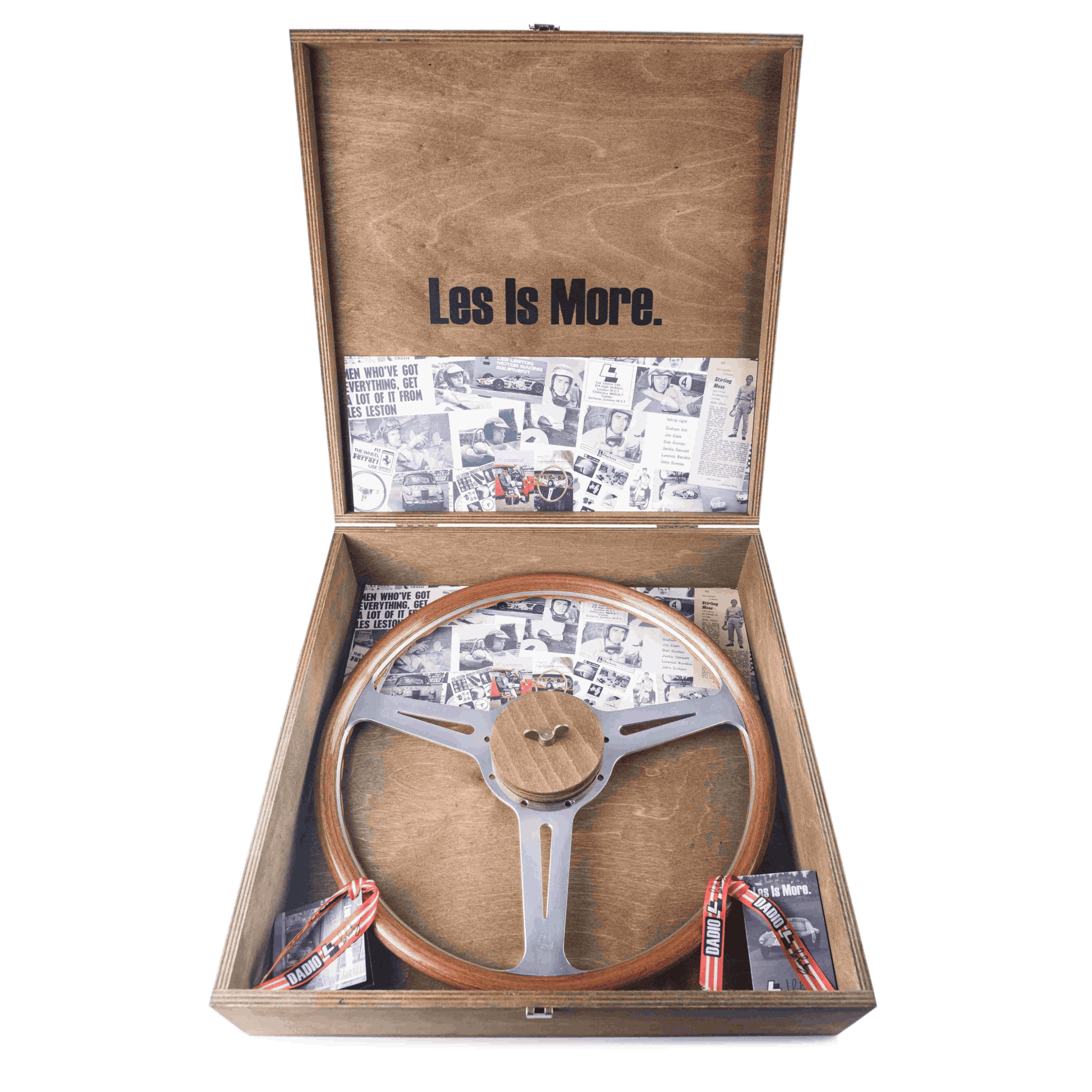 Les Leston Monte Carlo 14-inch flat steering wheel supplied in premium branded presentation box for storage and display
