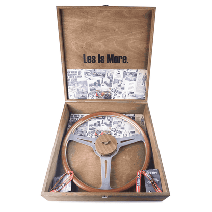 Les Leston Monte Carlo 14-inch flat steering wheel supplied in premium branded presentation box for storage and display