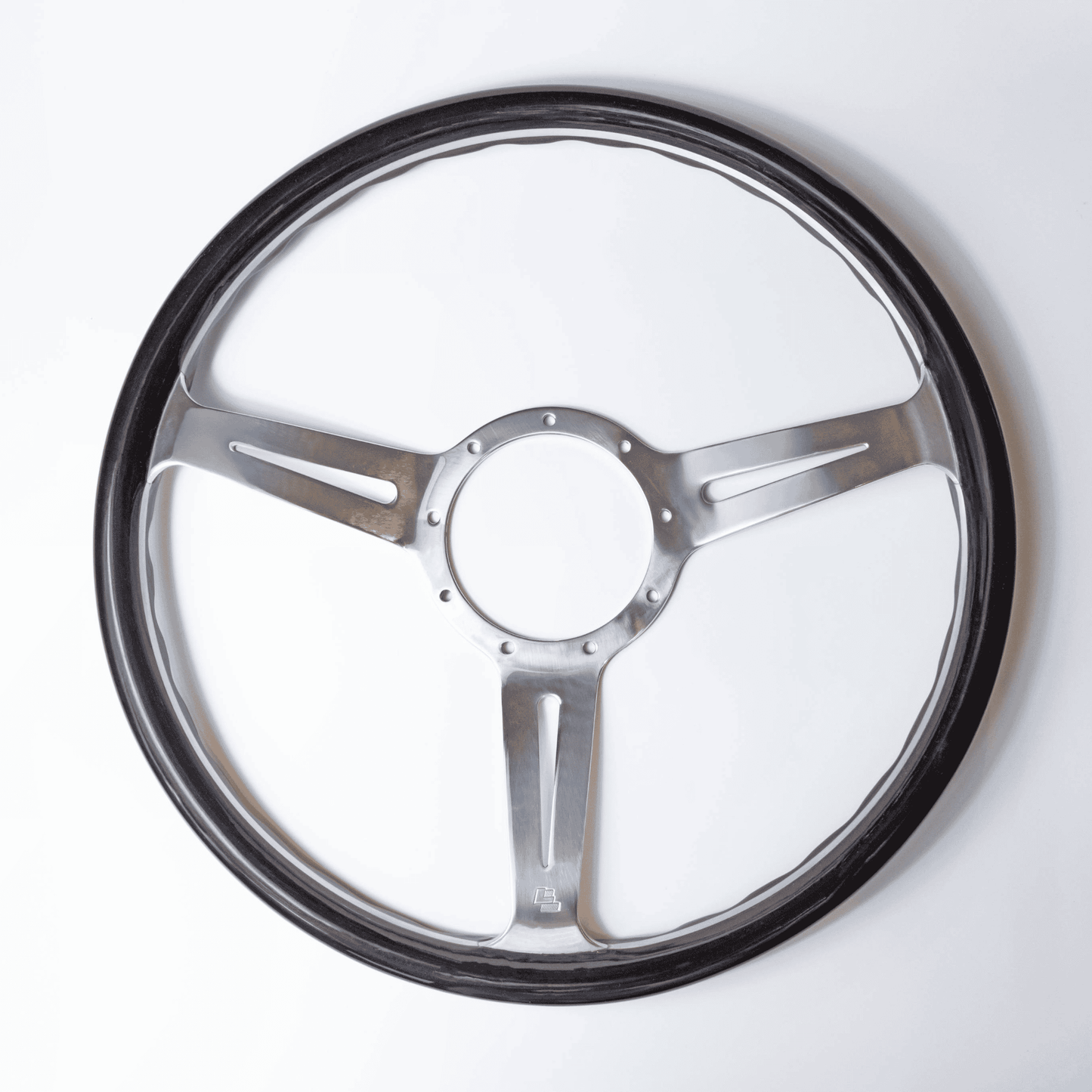 Les Leston Monte Carlo 15-inch dished steering wheel with black stained oak rim and polished aluminium spokes