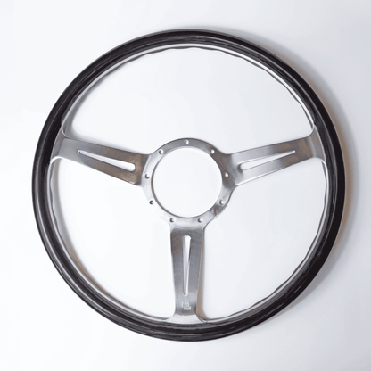 Les Leston Monte Carlo 15-inch dished steering wheel with black stained oak rim and polished aluminium spokes