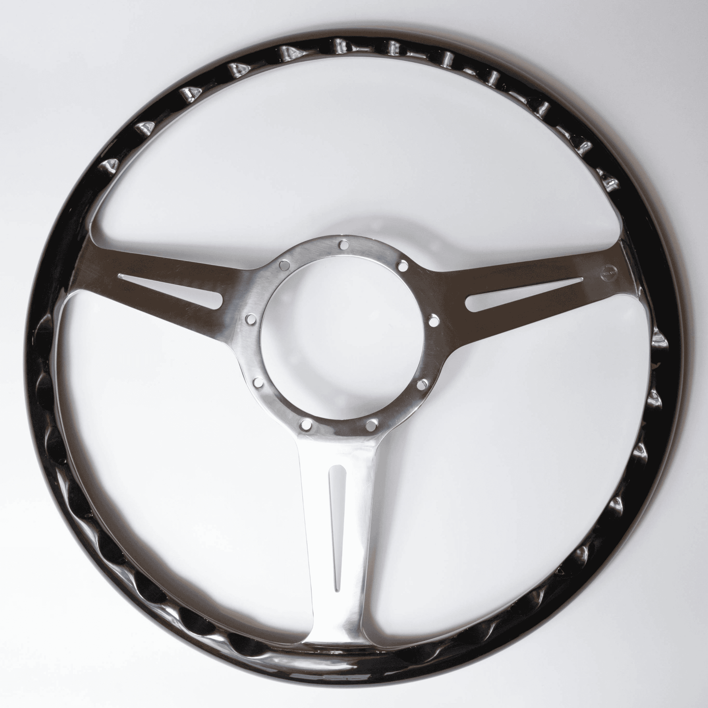 Rear view of Les Leston Monte Carlo 15-inch steering wheel showing spoke construction and mounting points