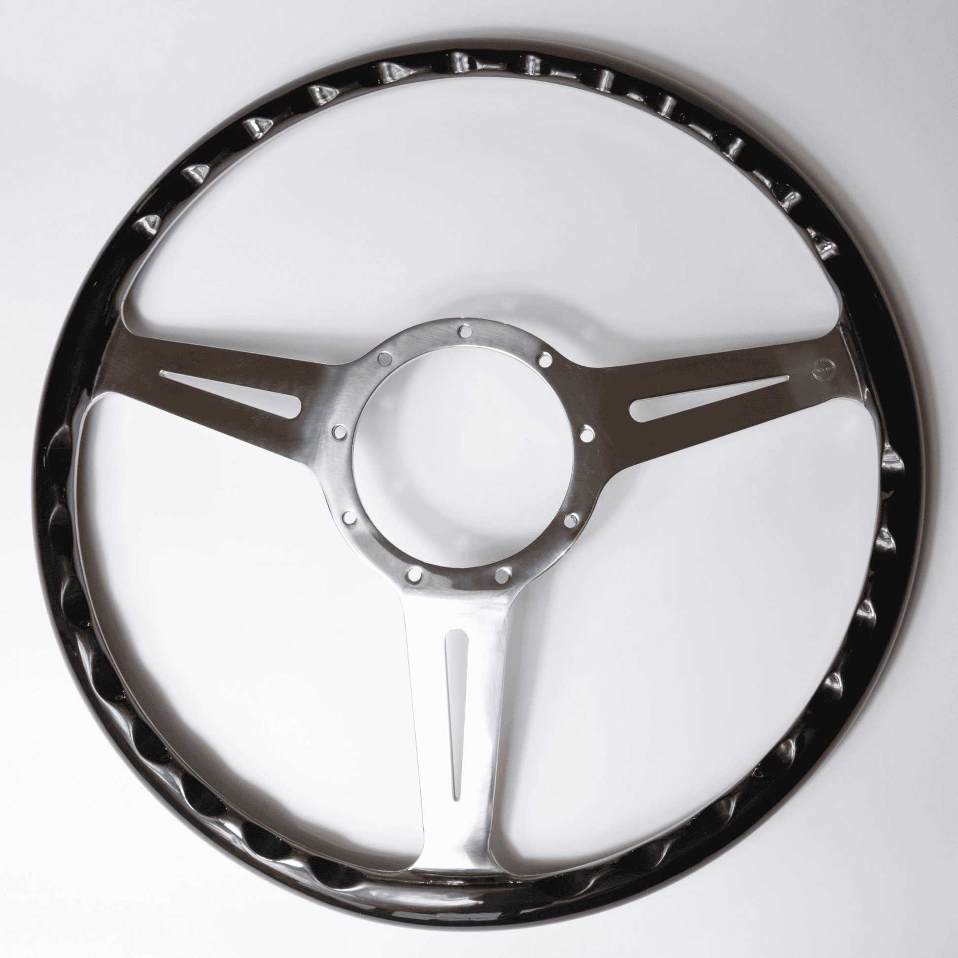 Rear view of Les Leston Monte Carlo 15-inch steering wheel showing spoke construction and mounting points