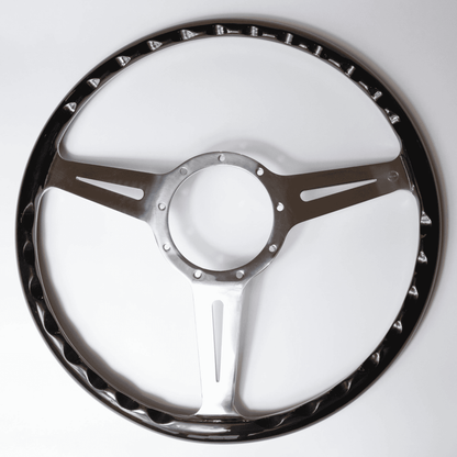 Rear view of Les Leston Monte Carlo 15-inch steering wheel showing spoke construction and mounting points
