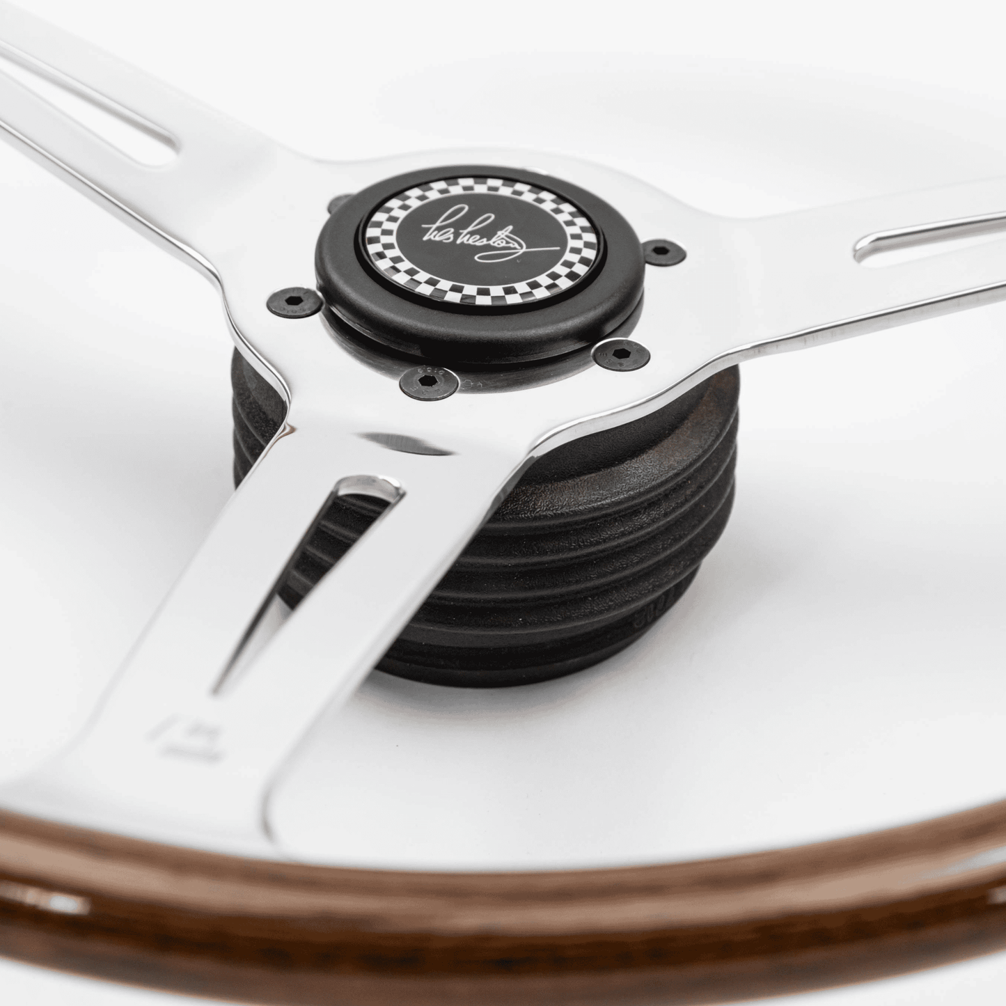 Front angled view of 15-inch Les Leston Monte Carlo steering wheel with slotted aluminium spokes for Momo boss