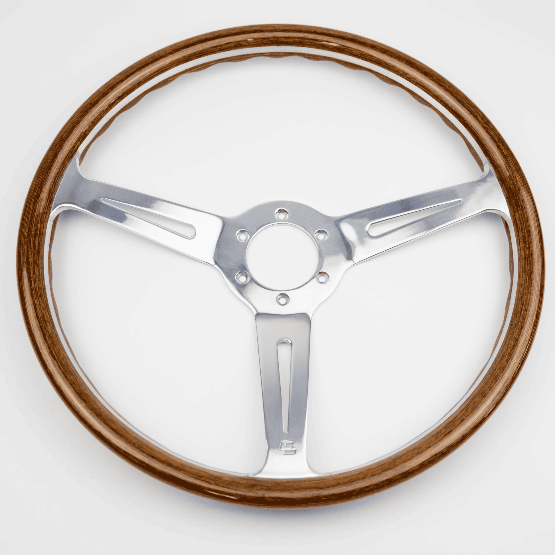 Front view of 15-inch Les Leston Monte Carlo steering wheel with dished profile and slotted aluminium spokes for Momo boss