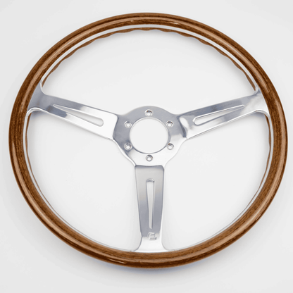 Front view of 15-inch Les Leston Monte Carlo steering wheel with dished profile and slotted aluminium spokes for Momo boss