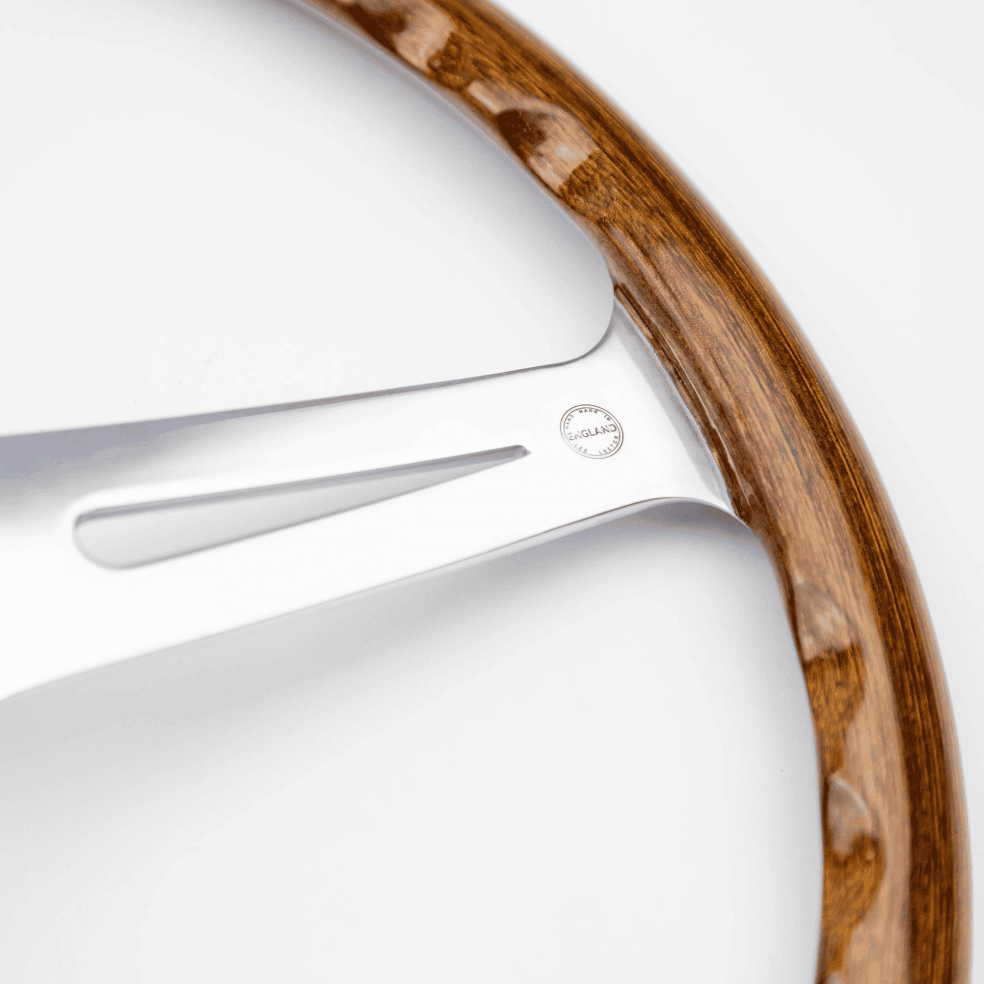 Close-up of rear finger slots on 15-inch Les Leston Monte Carlo steering wheel showing handcrafted grip detail