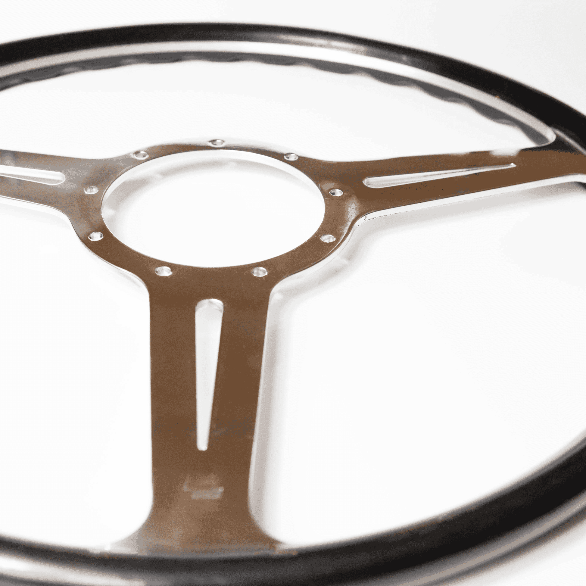 Front view of Les Leston Monte Carlo 15-inch flat steering wheel showing black oak rim and spoke design