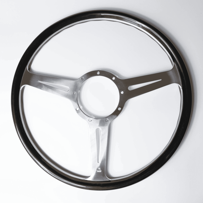 Les Leston Monte Carlo 15-inch flat steering wheel with black oak rim and polished aluminium spokes