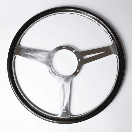 Les Leston Monte Carlo 15-inch flat steering wheel with black oak rim and polished aluminium spokes