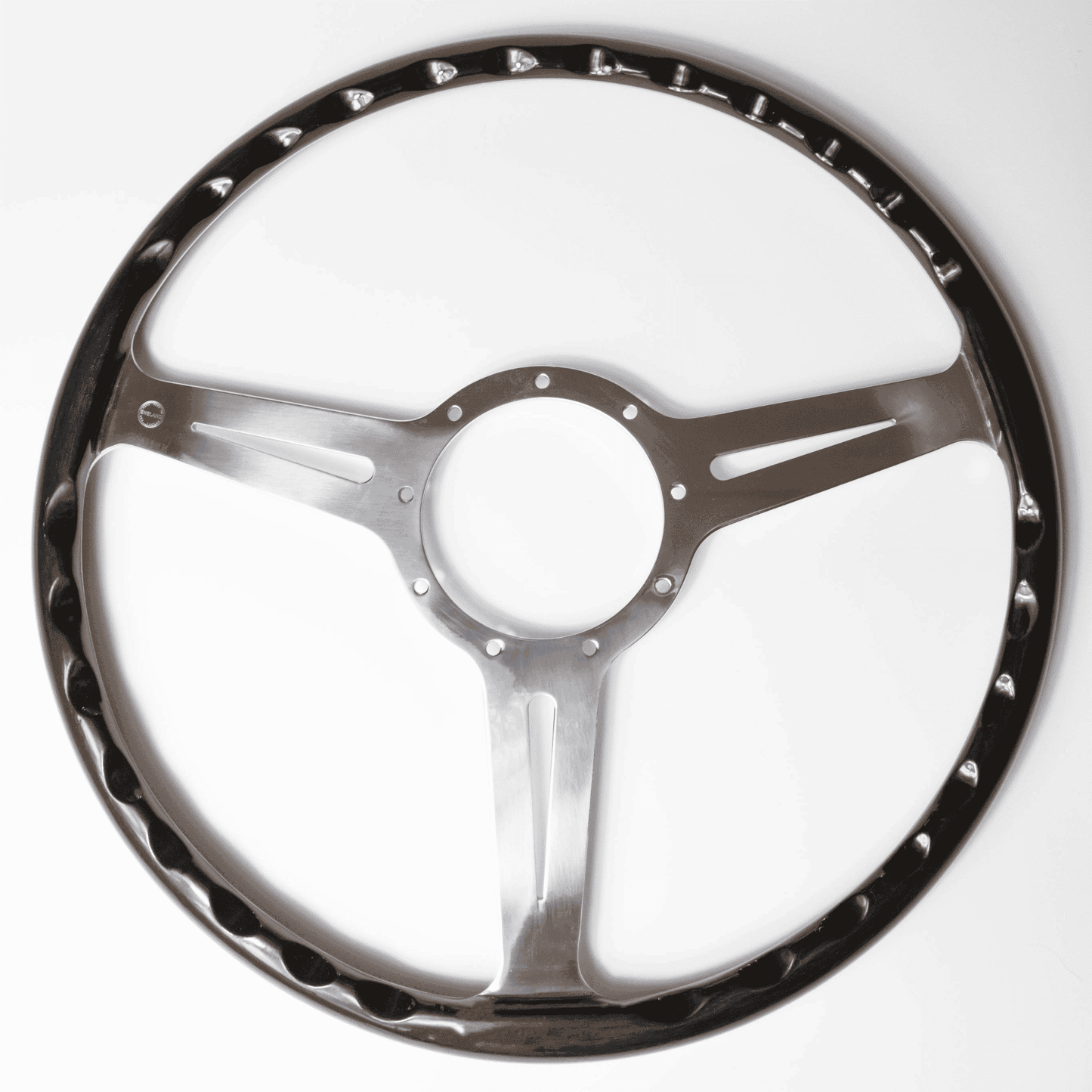 Rear view of Les Leston Monte Carlo 15-inch steering wheel showing spoke construction and mounting points