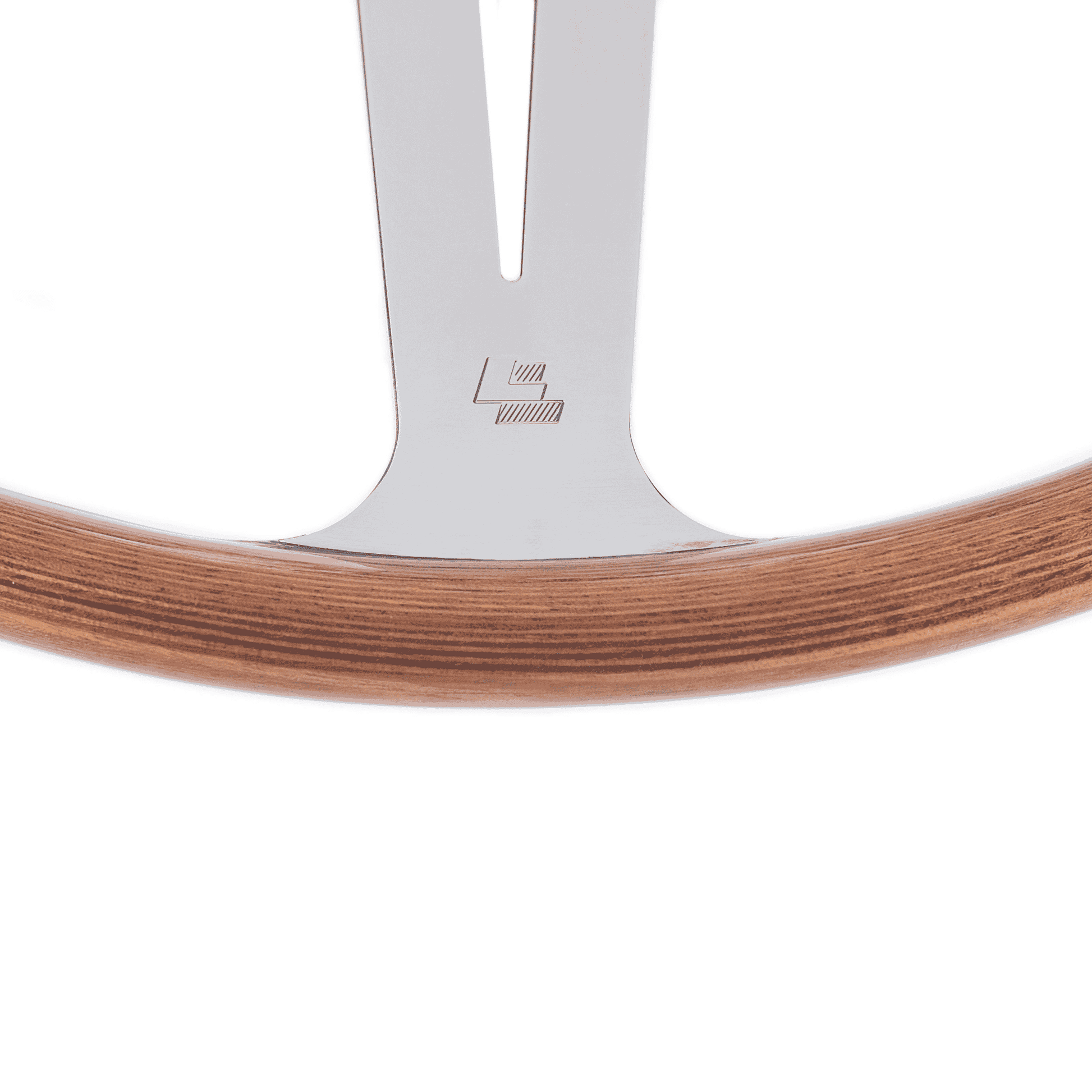 Close-up of Les Leston LL logo on 15-inch Monte Carlo flat mahogany steering wheel showing authentic maker’s mark detail