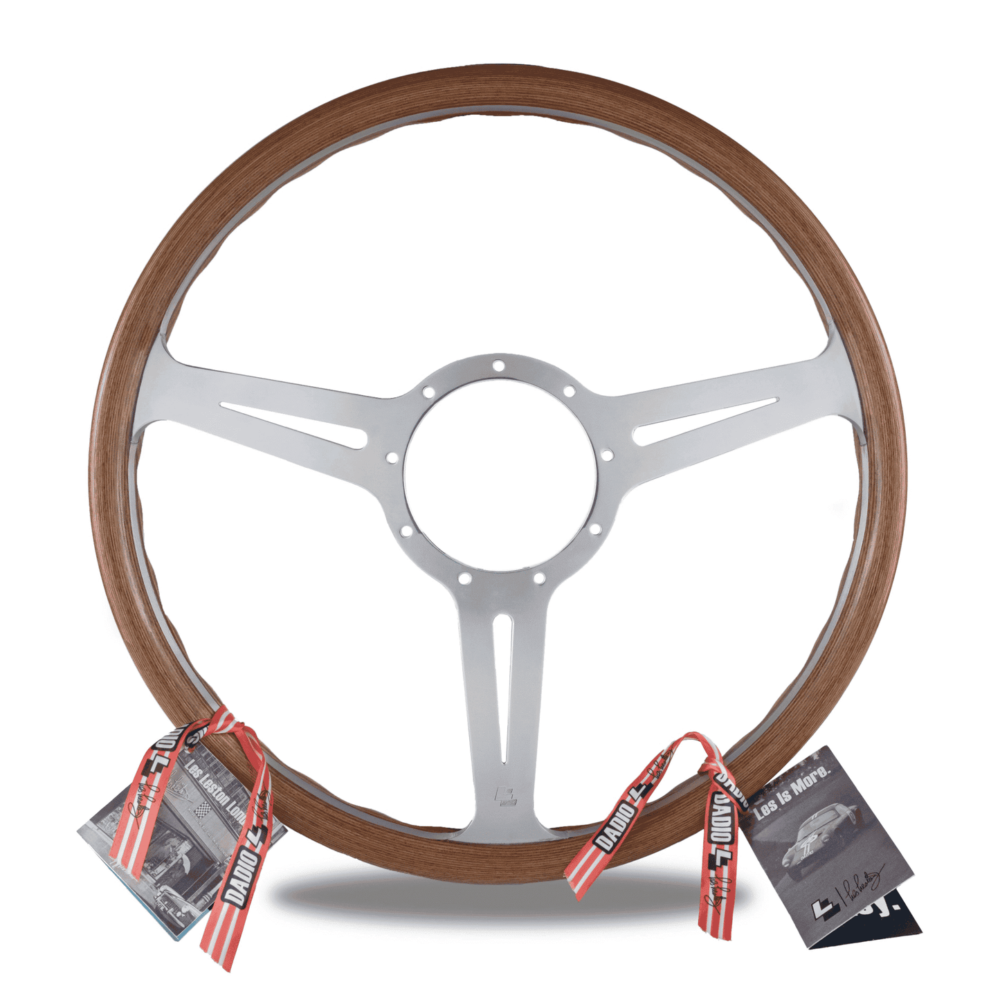 Les Leston Monte Carlo 15-inch flat steering wheel with mahogany wood rim and polished aluminium spokes