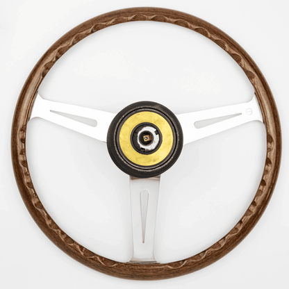 Rear view of 15-inch Les Leston Monte Carlo steering wheel fitted with Momo boss showing mounting and spoke detail