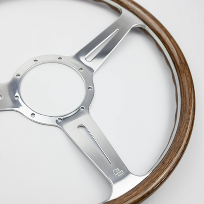 Front view of 15-inch Les Leston Monte Carlo walnut steering wheel with dished profile