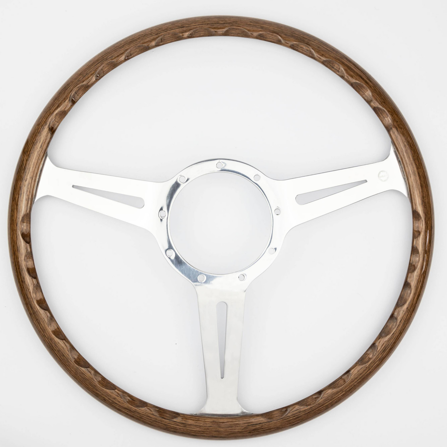 Rear view of 15-inch Les Leston Monte Carlo walnut steering wheel highlighting rear casting, spoke mounting points, and dished construction detail in a classic racing design