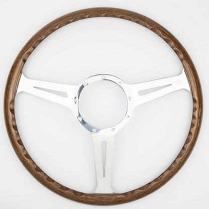 Rear view of 15-inch Les Leston Monte Carlo walnut steering wheel highlighting rear casting, spoke mounting points, and dished construction detail in a classic racing design