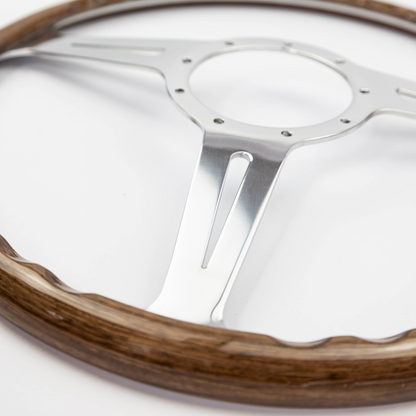 Rear view of 15-inch Les Leston Monte Carlo walnut steering wheel showing dished construction