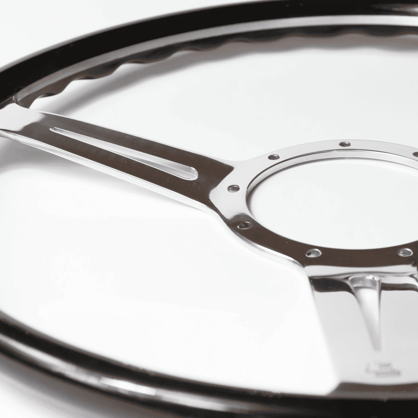 Close-up of polished aluminium spokes on Les Leston Monte Carlo 17-inch steering wheel