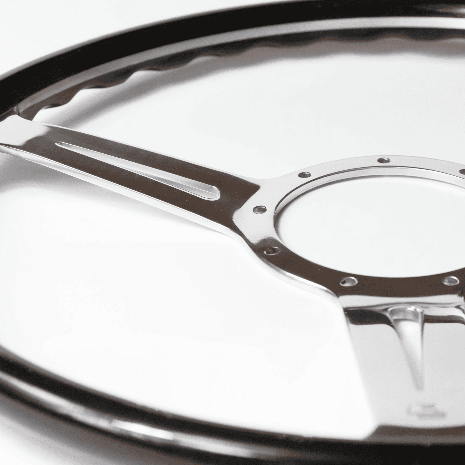 Close-up of polished aluminium spokes on Les Leston Monte Carlo 17-inch steering wheel