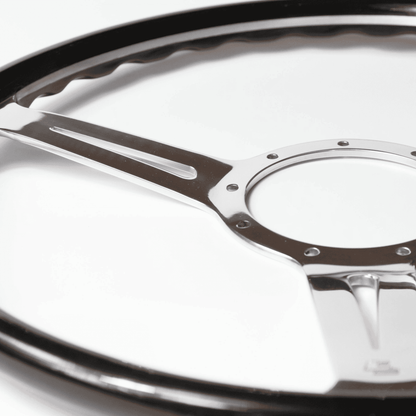 Close-up of polished aluminium spokes on Les Leston Monte Carlo 17-inch steering wheel