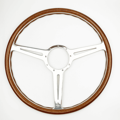 Les Leston Monte Carlo 17-inch flat steering wheel with engine turned aluminium spokes and walnut rim