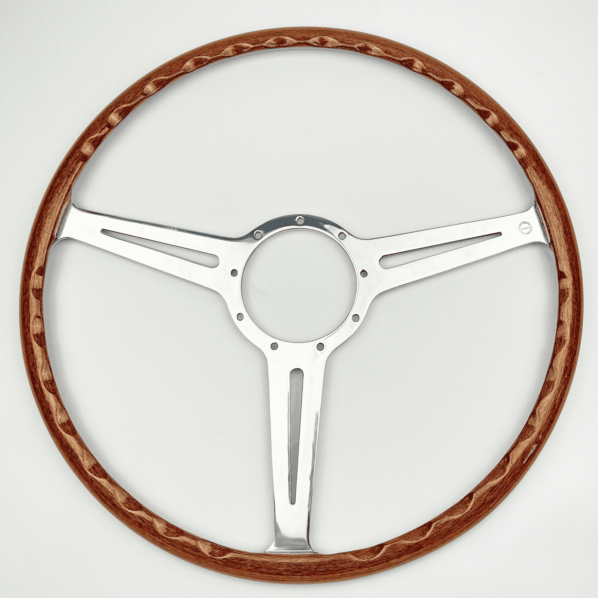 Rear view of Les Leston Monte Carlo 17-inch flat steering wheel showing mounting holes and spoke construction