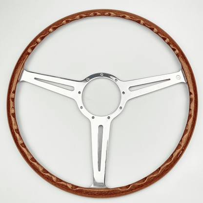 Rear view of Les Leston Monte Carlo 17-inch flat steering wheel showing mounting holes and spoke construction