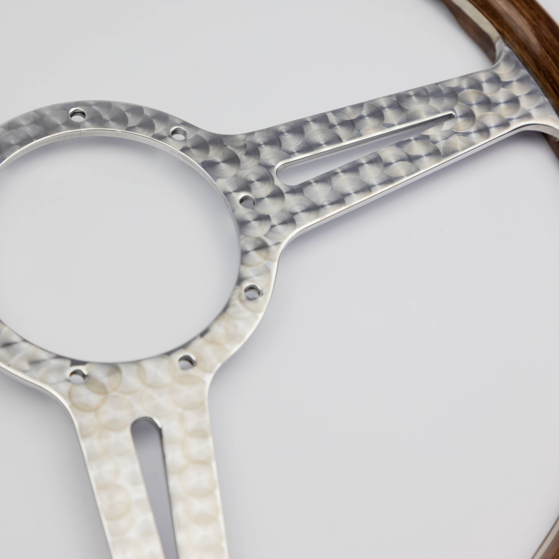 Close-up of the engine turned aluminium spokes on the Les Leston Monte Carlo steering wheel