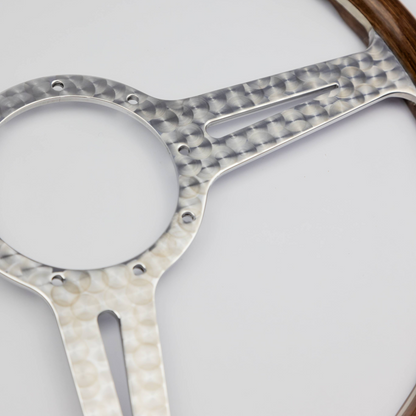 Close-up of the engine turned aluminium spokes on the Les Leston Monte Carlo steering wheel