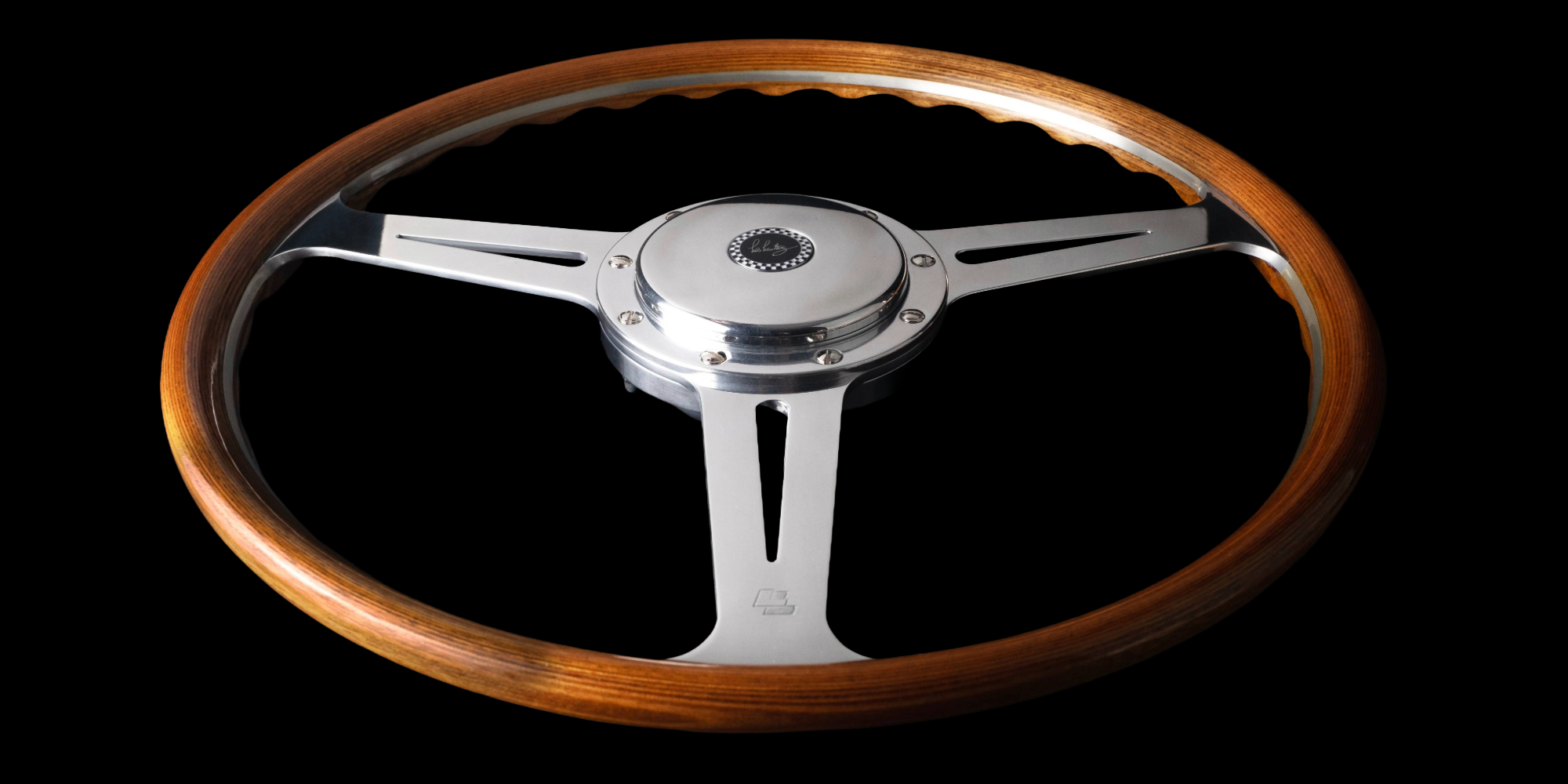 Les Leston Monte Carlo steering wheel fitted with boss kit and horn button shown from alternate angle highlighting complete installation detail