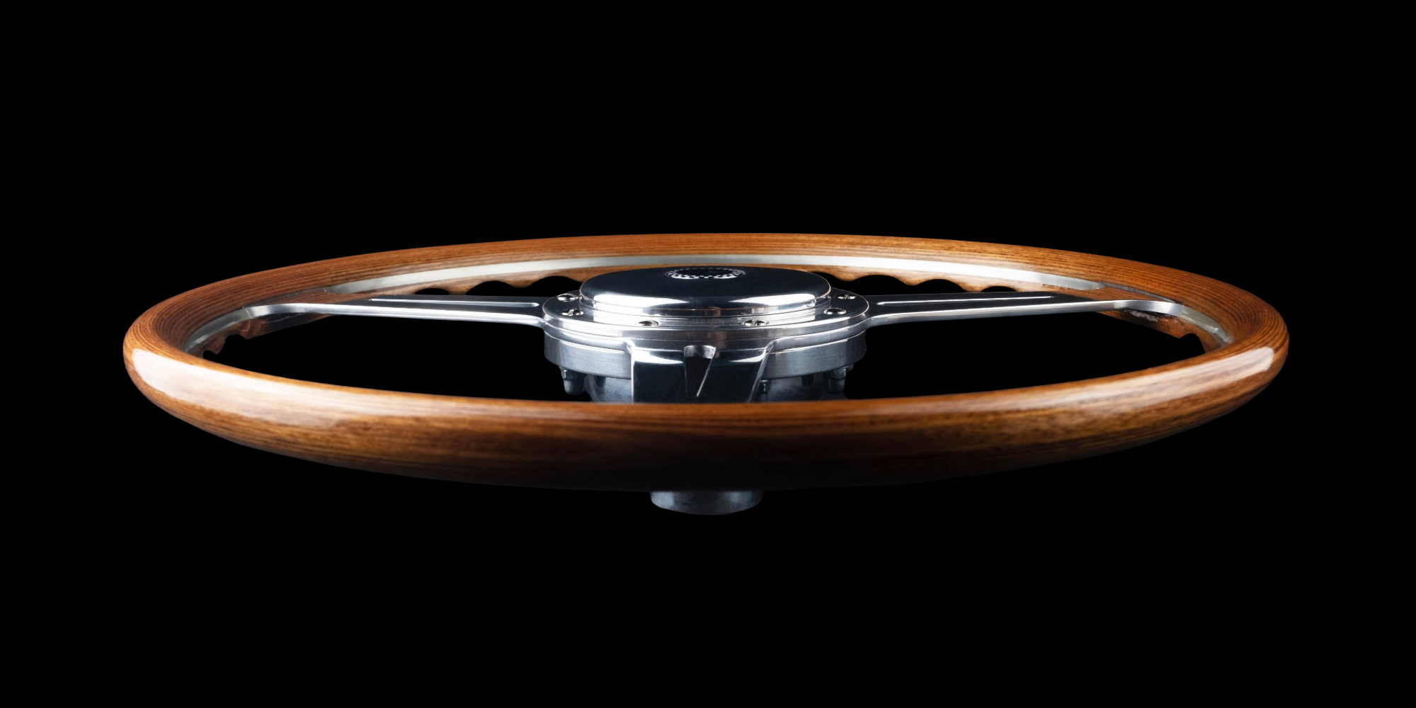 Les Leston Monte Carlo steering wheel with boss and horn button installed showing authentic classic motorsport cockpit setup