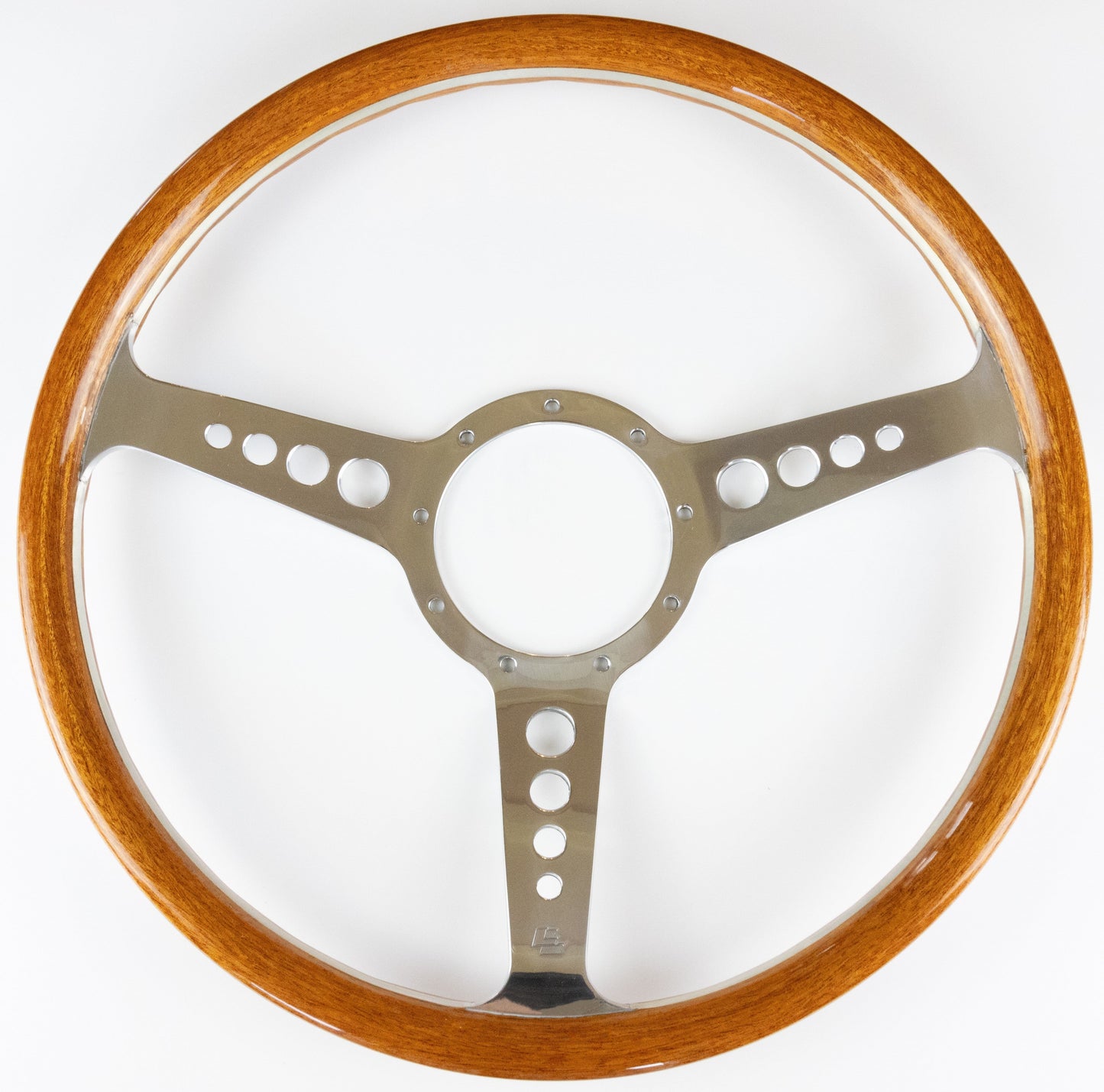 Les Leston Type 1 15-inch dished steering wheel with mahogany wood rim and polished aluminium spokes