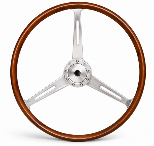 Classic wood-rim three-spoke steering wheel inspired by the Morgan TOK 258 Le Mans class-winning race car