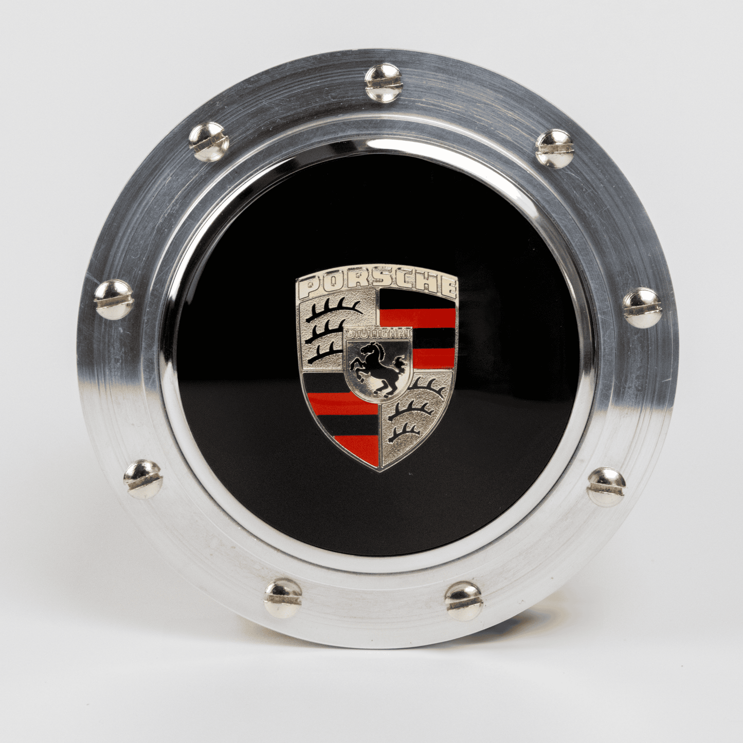 Porsche steering wheel boss hub designed for OEM Porsche horn button fitment and secure steering wheel installation